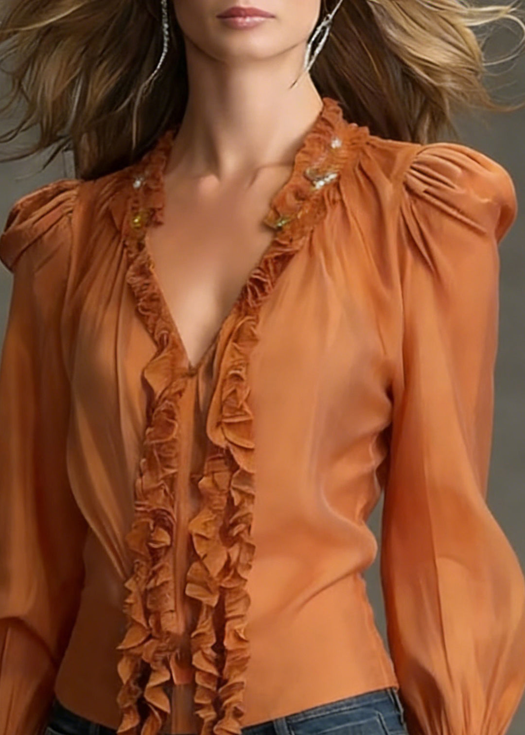 Orange Ruffled Cotton Blouse Tops V Neck Flare Sleeve - Omychic