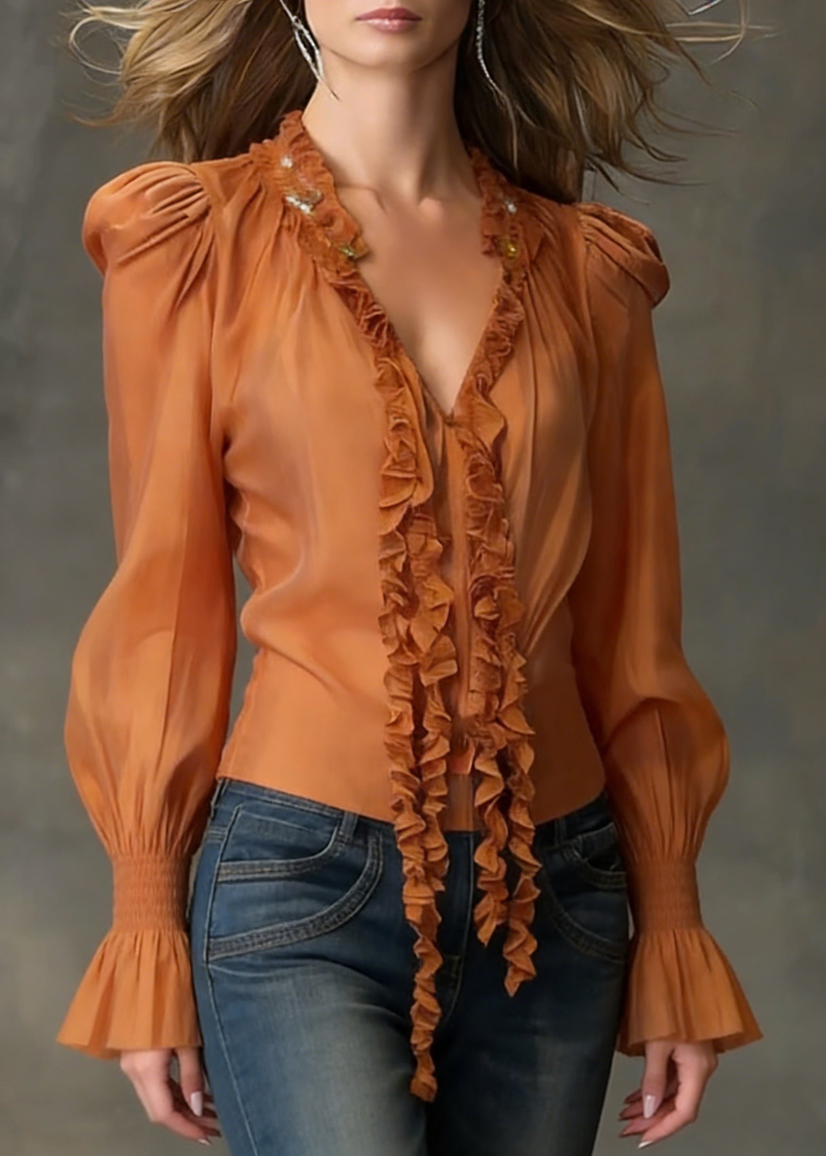 Orange Ruffled Cotton Blouse Tops V Neck Flare Sleeve - Omychic