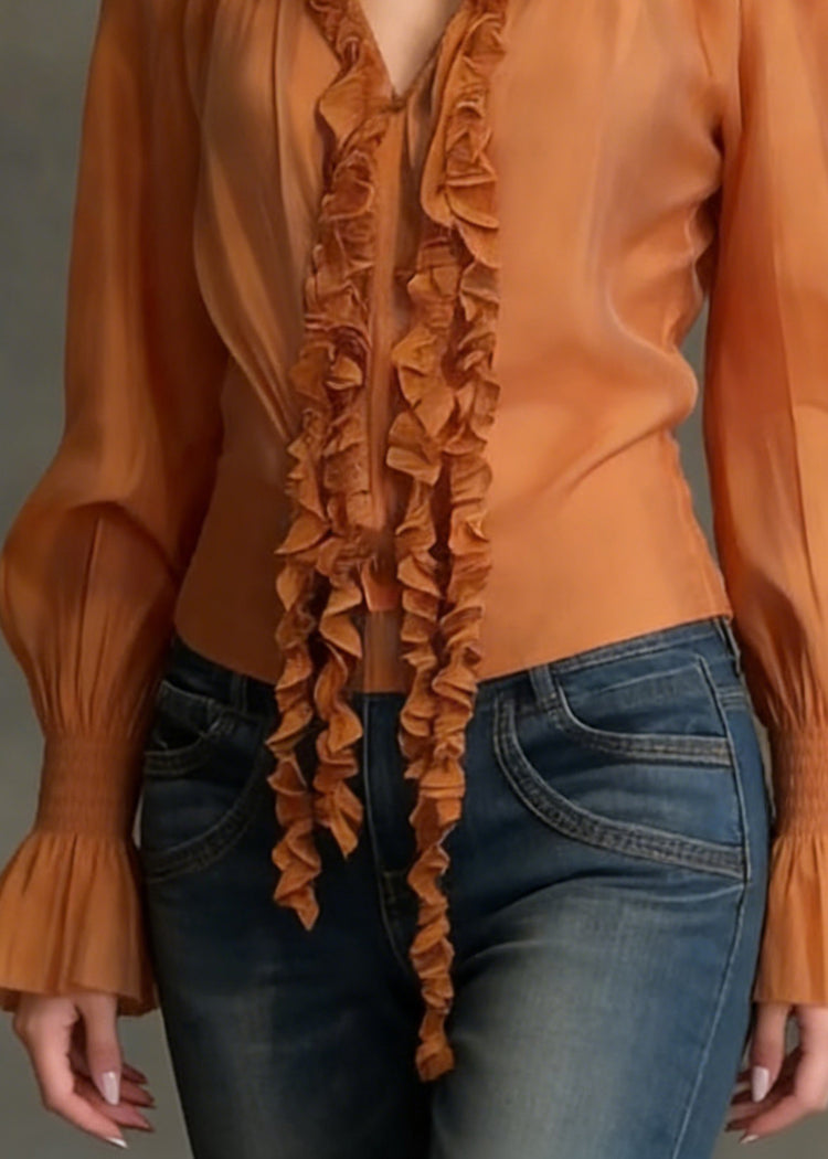Orange Ruffled Cotton Blouse Tops V Neck Flare Sleeve - Omychic