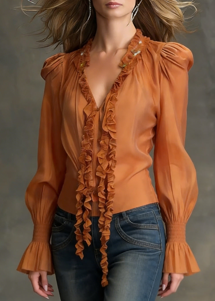 Orange Ruffled Cotton Blouse Tops V Neck Flare Sleeve - Omychic