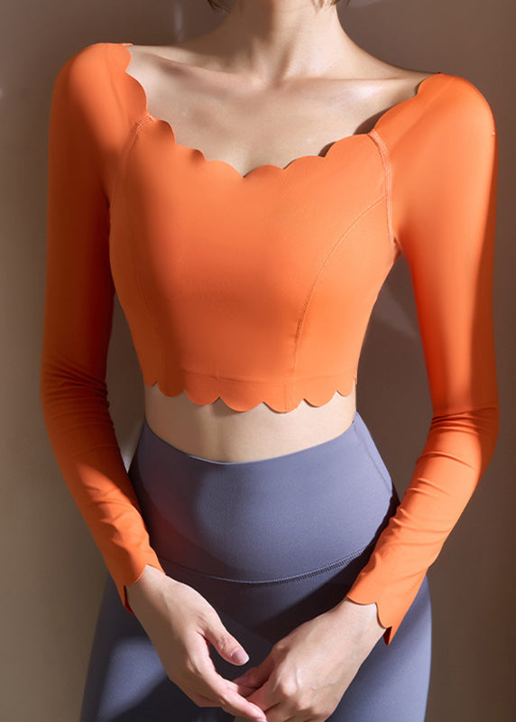 Orange Ruffled Patchwork Solid Yoga Top