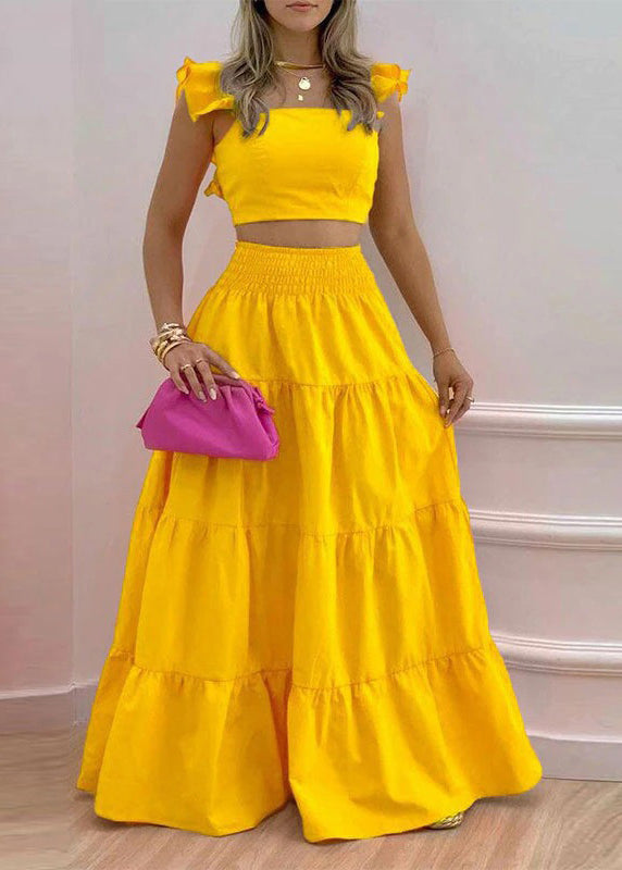 Orange Solid Elastic Waist Cotton Two Pieces Set Square Collar Sleeveless