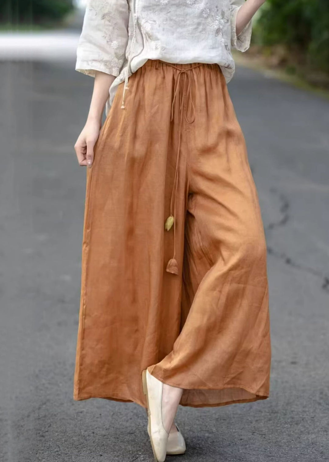 Orange Solid Pockets Cotton Summer Crop Pants Elastic Waist