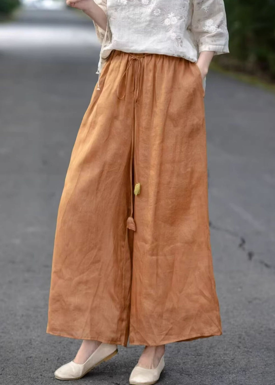 Orange Solid Pockets Cotton Summer Crop Pants Elastic Waist