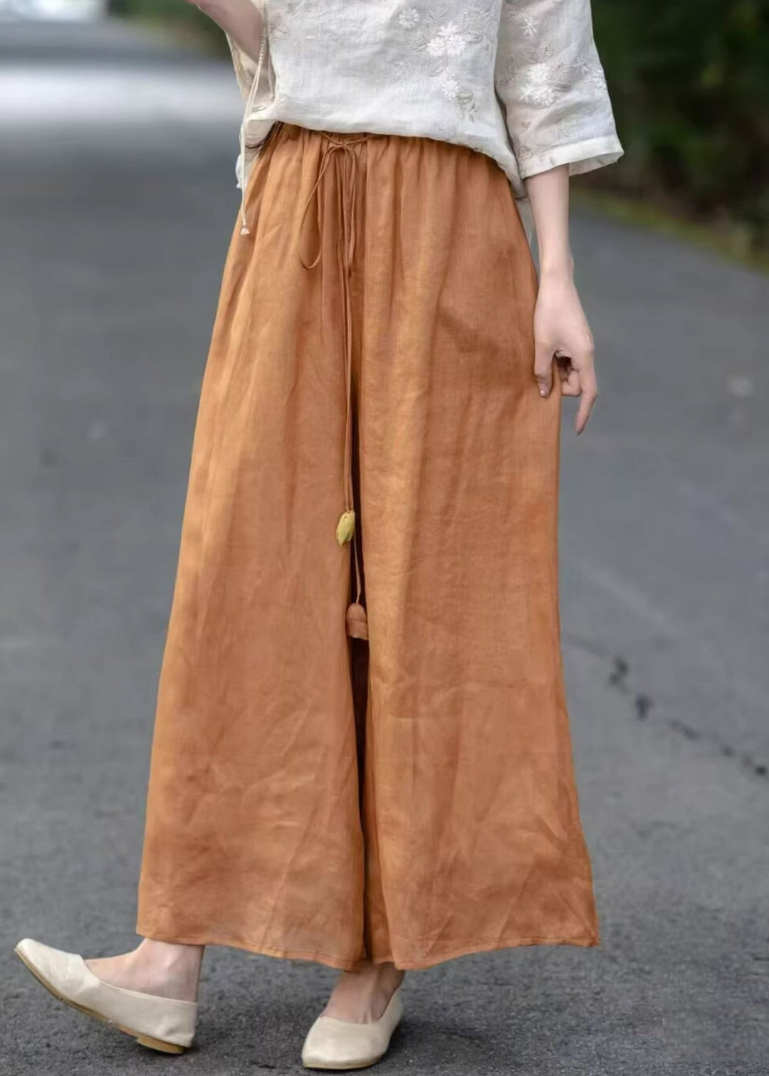 Orange Solid Pockets Cotton Summer Crop Pants Elastic Waist