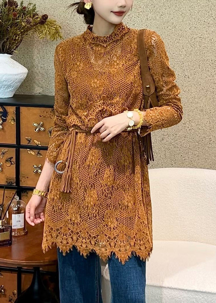 Orange Solid Tie Waist Lace Mini Dresses Hollow Out