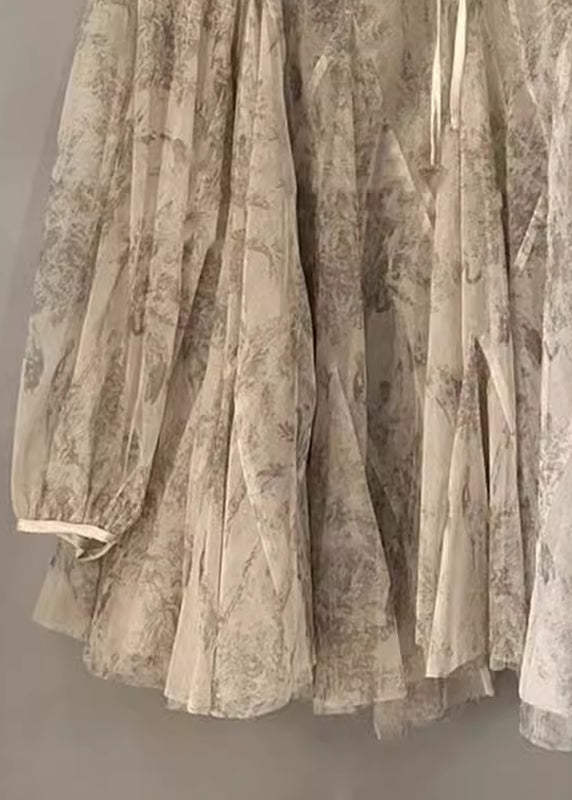 Organic Apricot Print Tie Lace Top Lantern Sleeve