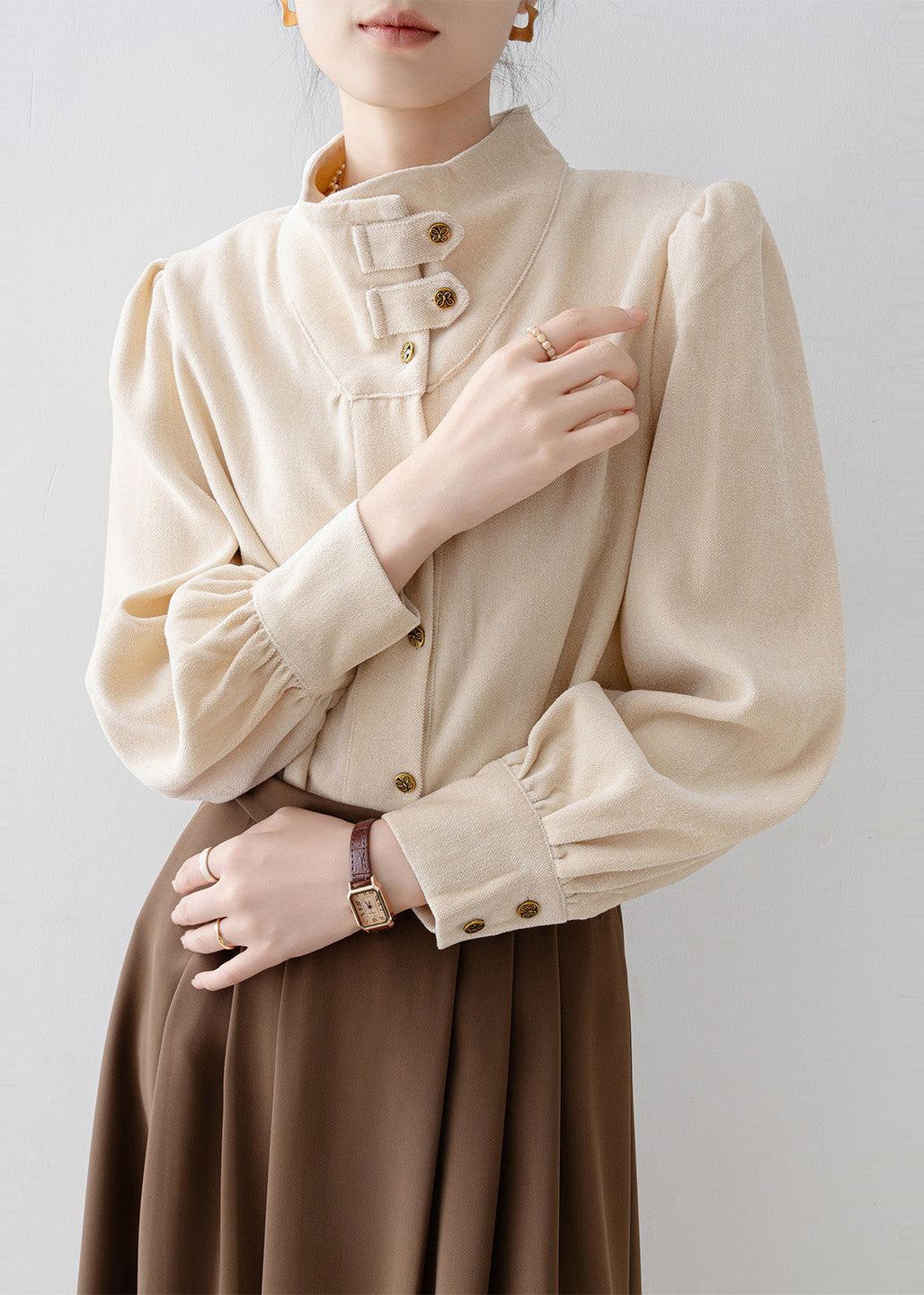 Organic Apricot Stand Collar Velour Shirt Top Spring