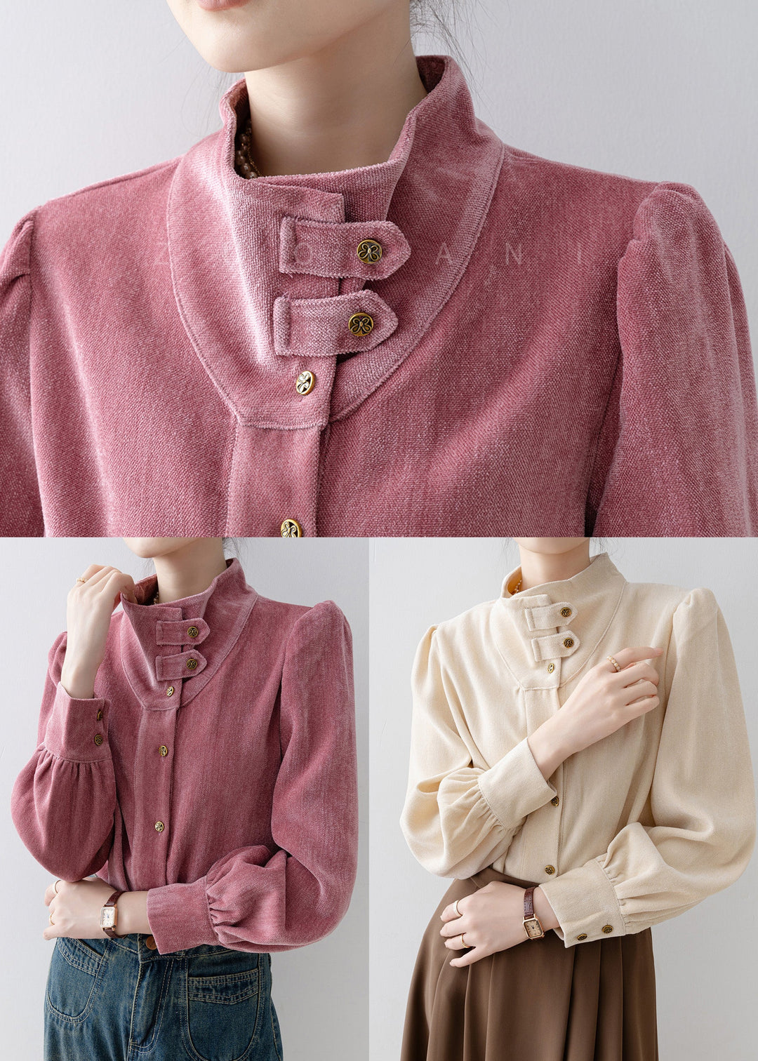 Organic Apricot Stand Collar Velour Shirt Top Spring