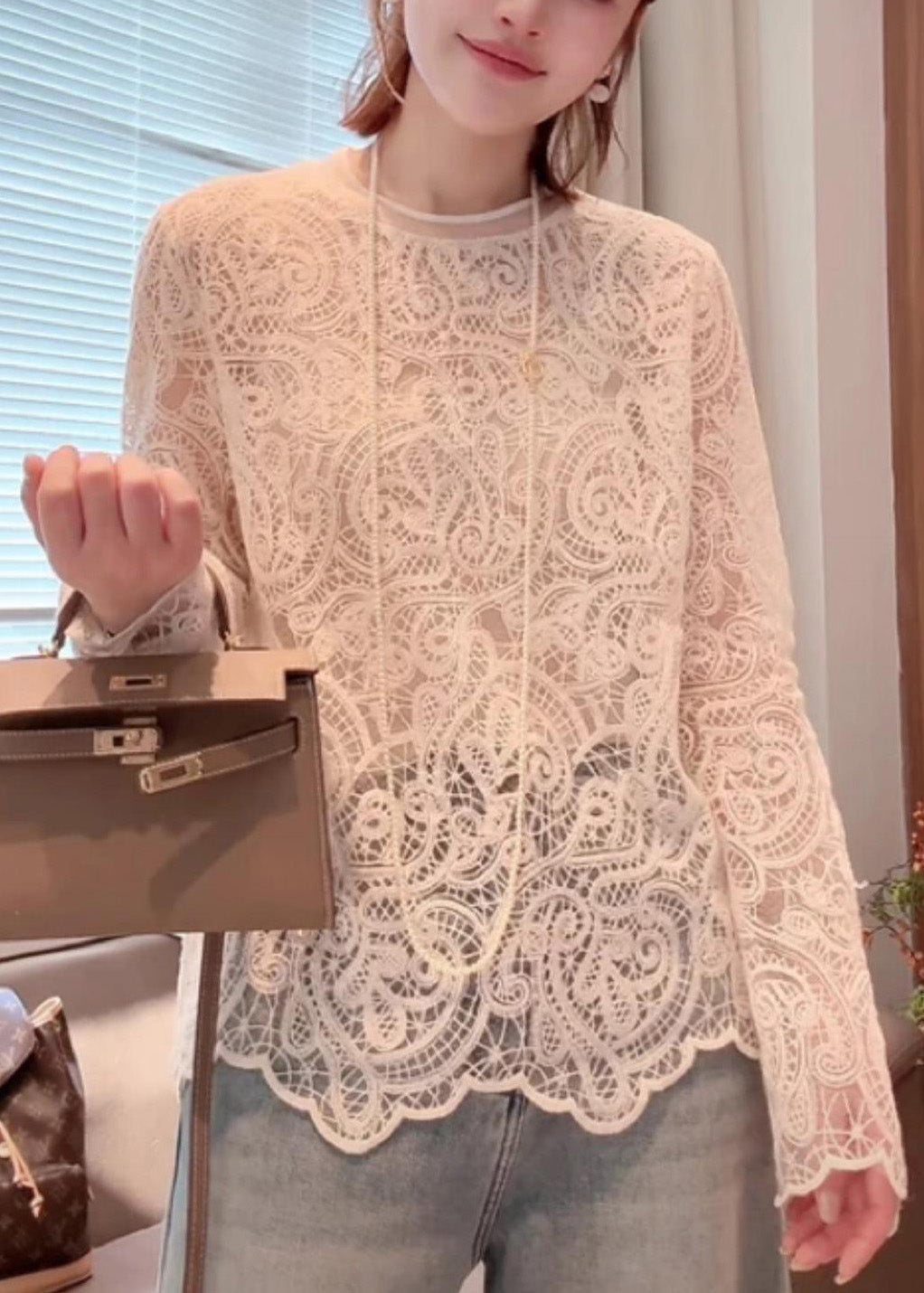 Organic Beige O-Neck Hollow Out Lace T Shirt Spring