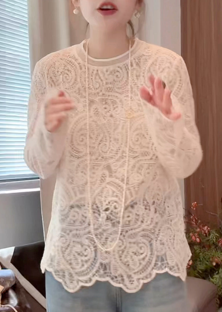 Organic Beige O-Neck Hollow Out Lace T Shirt Spring