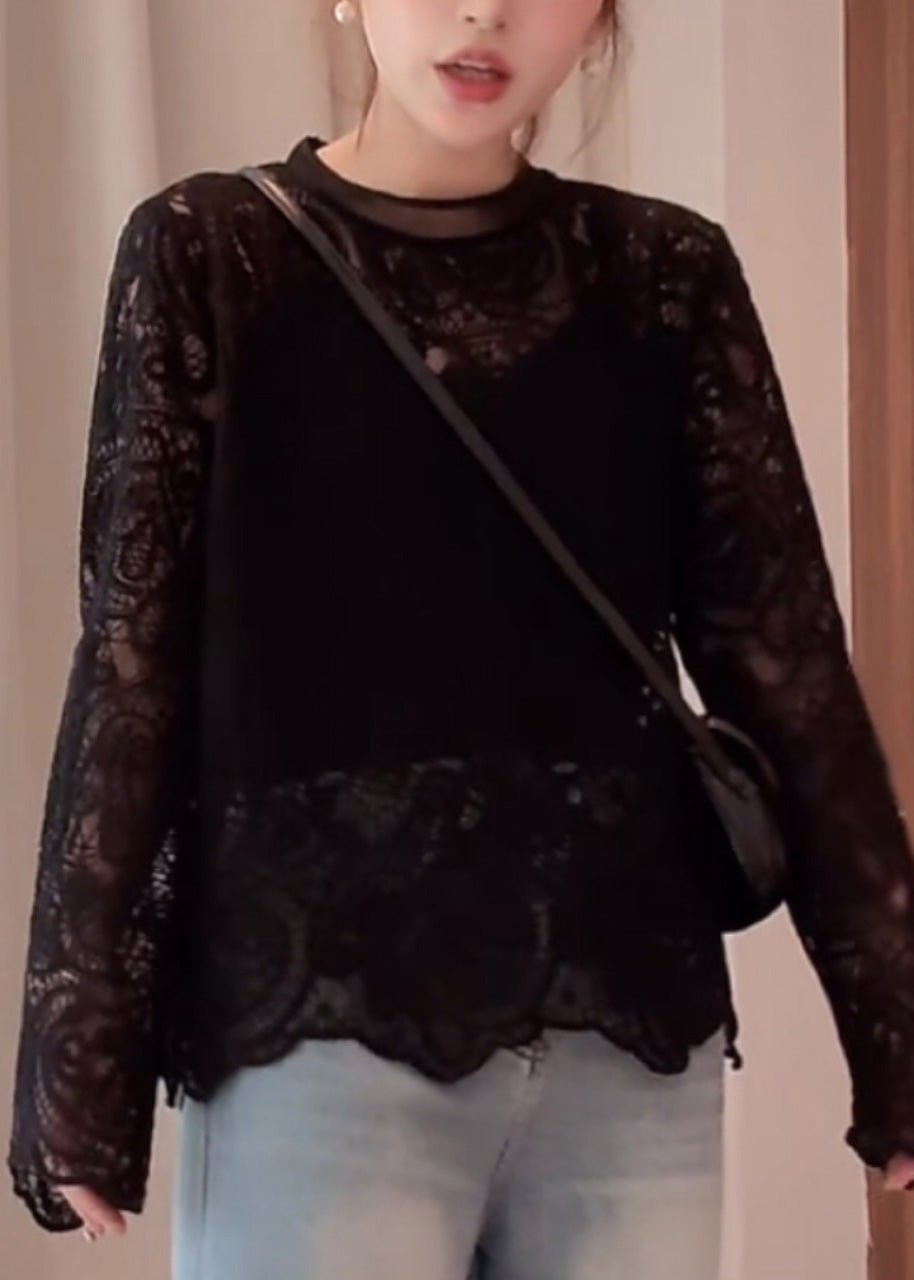 Organic Beige O-Neck Hollow Out Lace T Shirt Spring