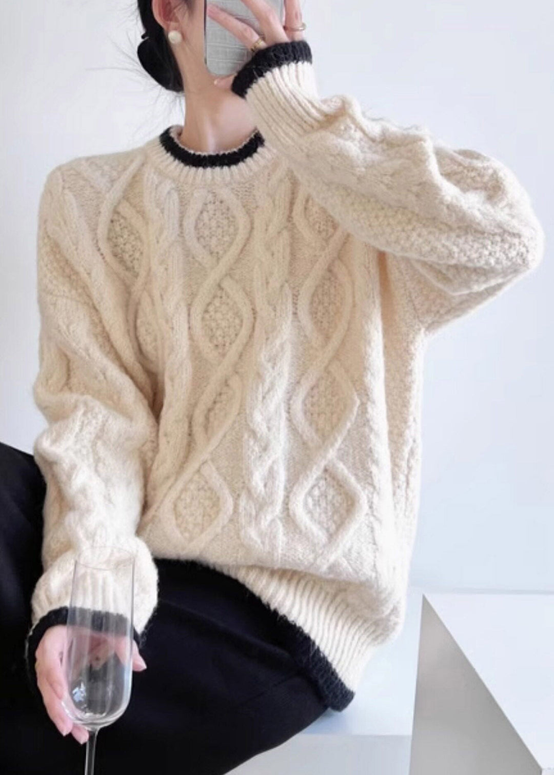 Organic Beige O-Neck Patchwork Cotton Knit Sweater Fall