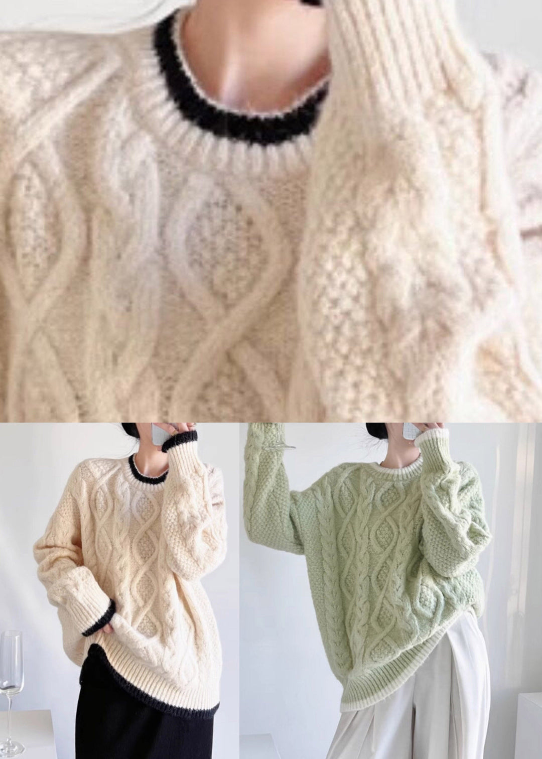 Organic Beige O-Neck Patchwork Cotton Knit Sweater Fall