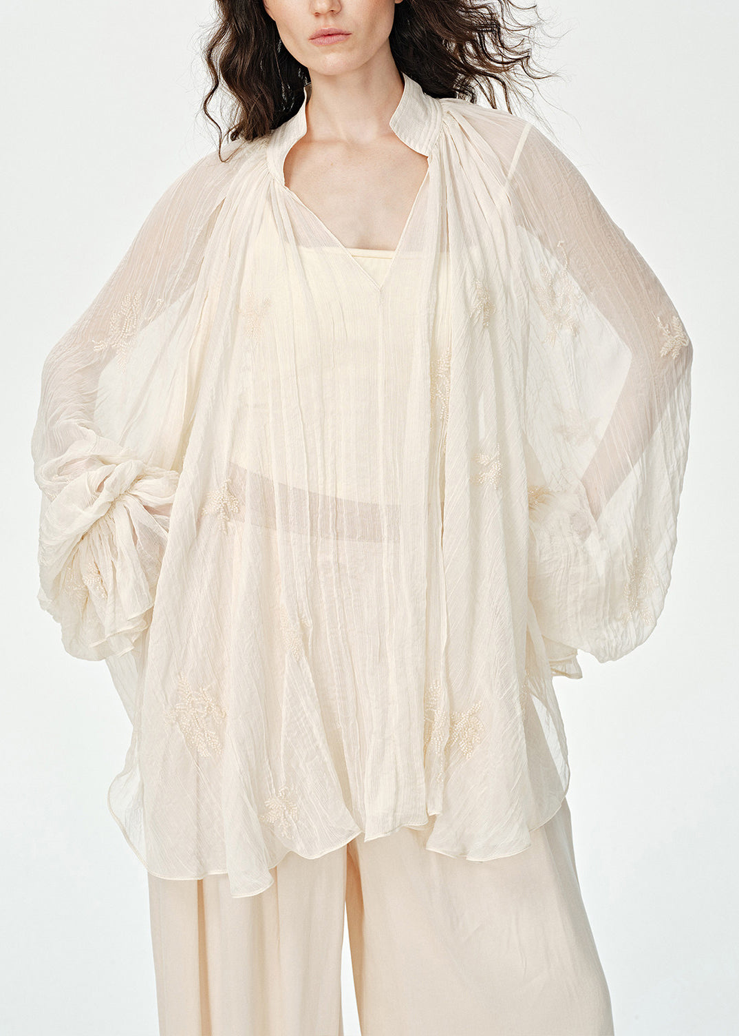 Organic Beige Oversized Wrinkled Embroidered Sheer Chiffon UPF 50+ Tops Summer