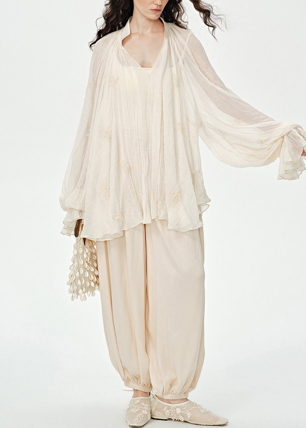 Organic Beige Oversized Wrinkled Embroidered Sheer Chiffon UPF 50+ Tops Summer