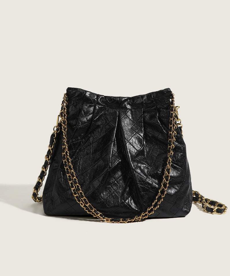 Organic Black Faux Leather Chain Linked Bucket Bag