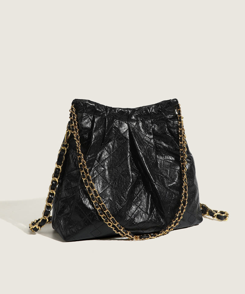 Organic Black Faux Leather Chain Linked Bucket Bag