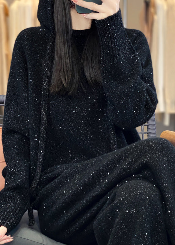 Organic Black Hooded Sweaters And Pants Woolen Two Pieces Set Fall - Omychic