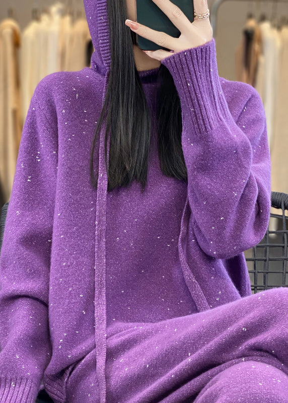 Organic Black Hooded Sweaters And Pants Woolen Two Pieces Set Fall - Omychic