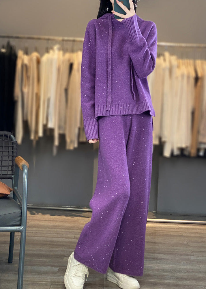 Organic Black Hooded Sweaters And Pants Woolen Two Pieces Set Fall - Omychic