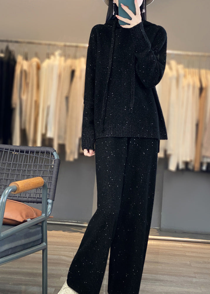 Organic Black Hooded Sweaters And Pants Woolen Two Pieces Set Fall - Omychic