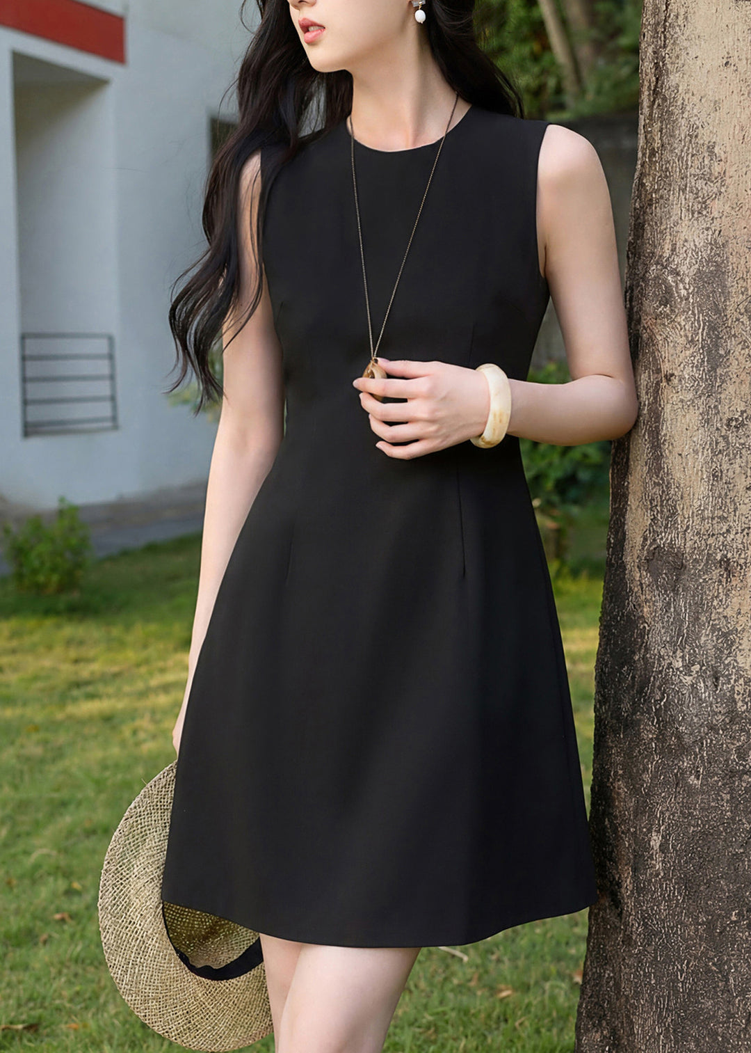 Organic Black O-Neck Cotton Mid Dress Summer