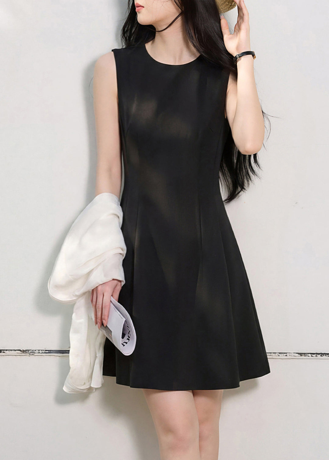 Organic Black O-Neck Cotton Mid Dress Summer