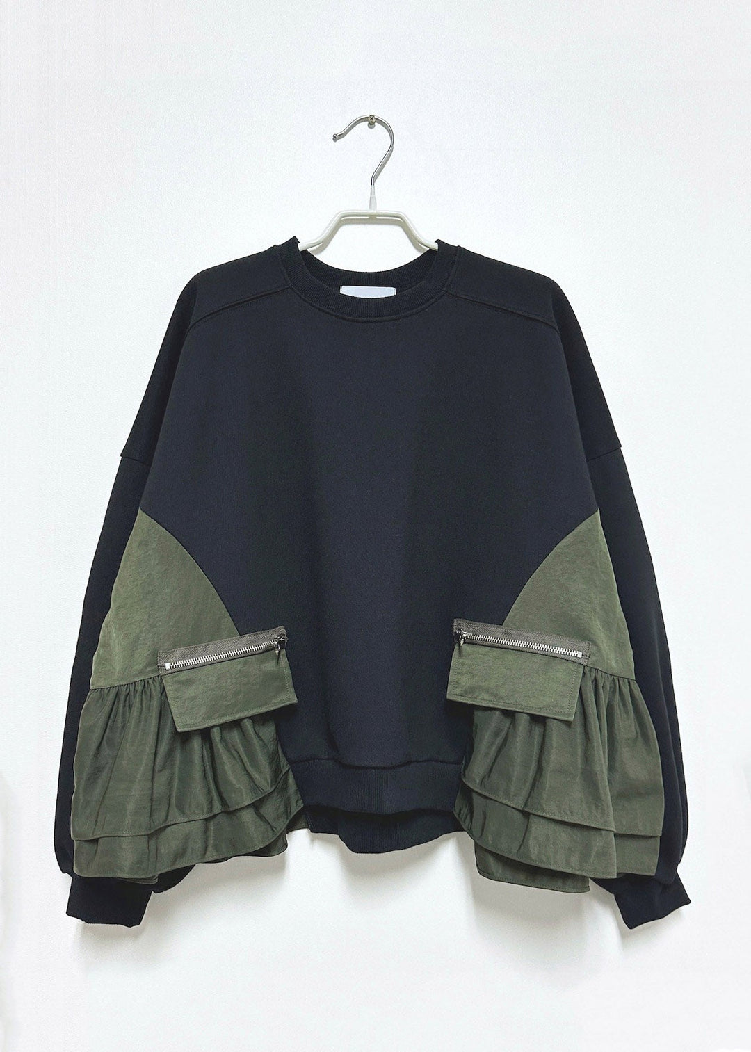 Organic Black O-Neck Zippered Patchwork Sweatshirt Fall