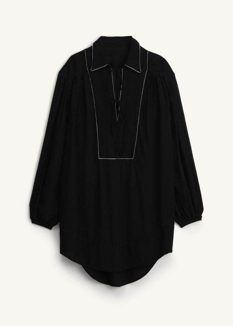 Organic Black Peter Pan Collar Lace Up Cotton Tops Fall