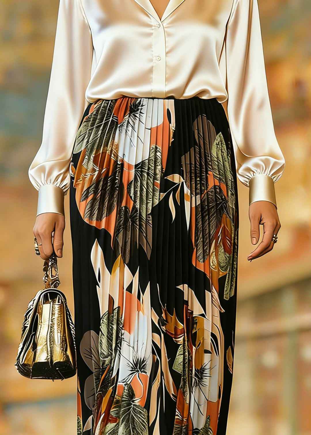 Organic Black Print Elastic Waist Pleate Skirts Spring - Omychic