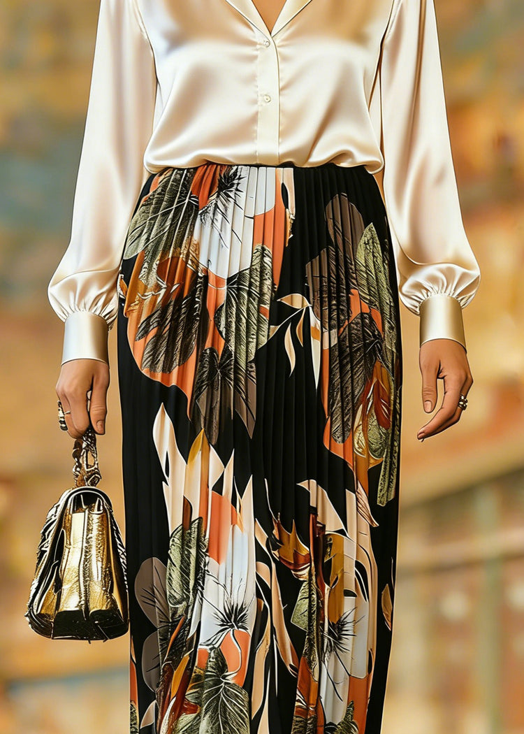 Organic Black Print Elastic Waist Pleate Skirts Spring - Omychic