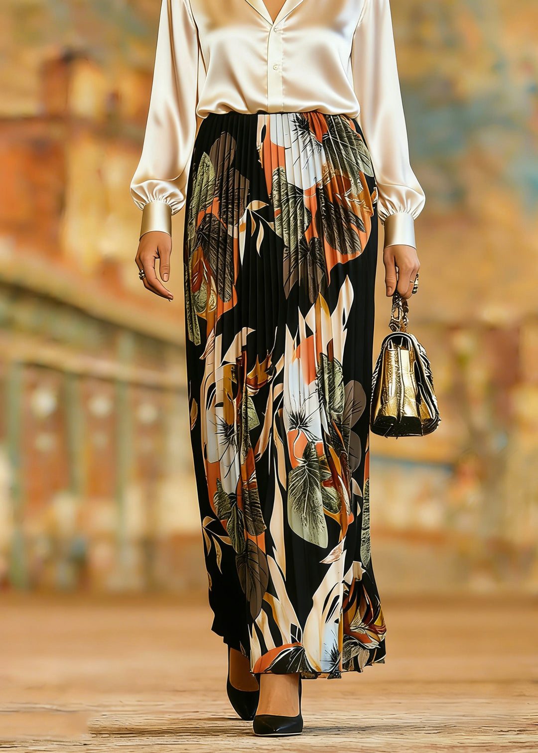 Organic Black Print Elastic Waist Pleate Skirts Spring - Omychic