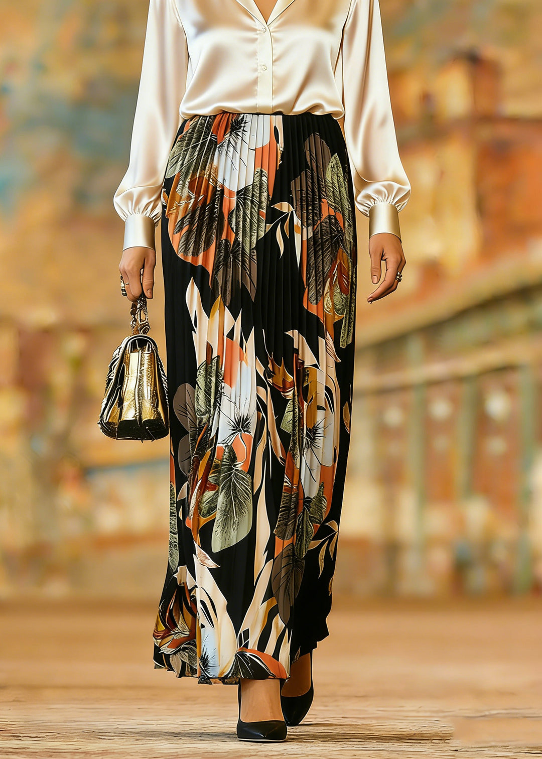 Organic Black Print Elastic Waist Pleate Skirts Spring - Omychic