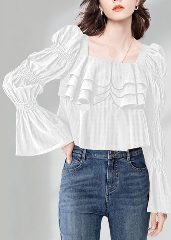 Organic Black Square Collar Ruffled Top Flare Sleeve