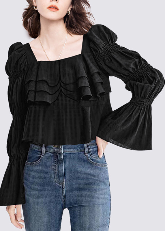 Organic Black Square Collar Ruffled Top Flare Sleeve