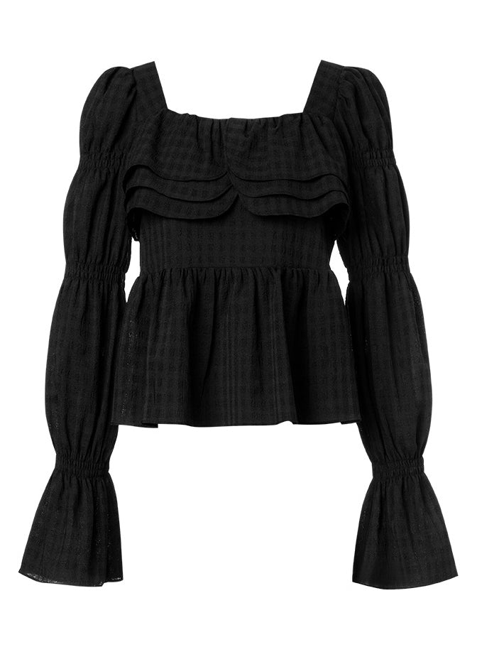 Organic Black Square Collar Ruffled Top Flare Sleeve