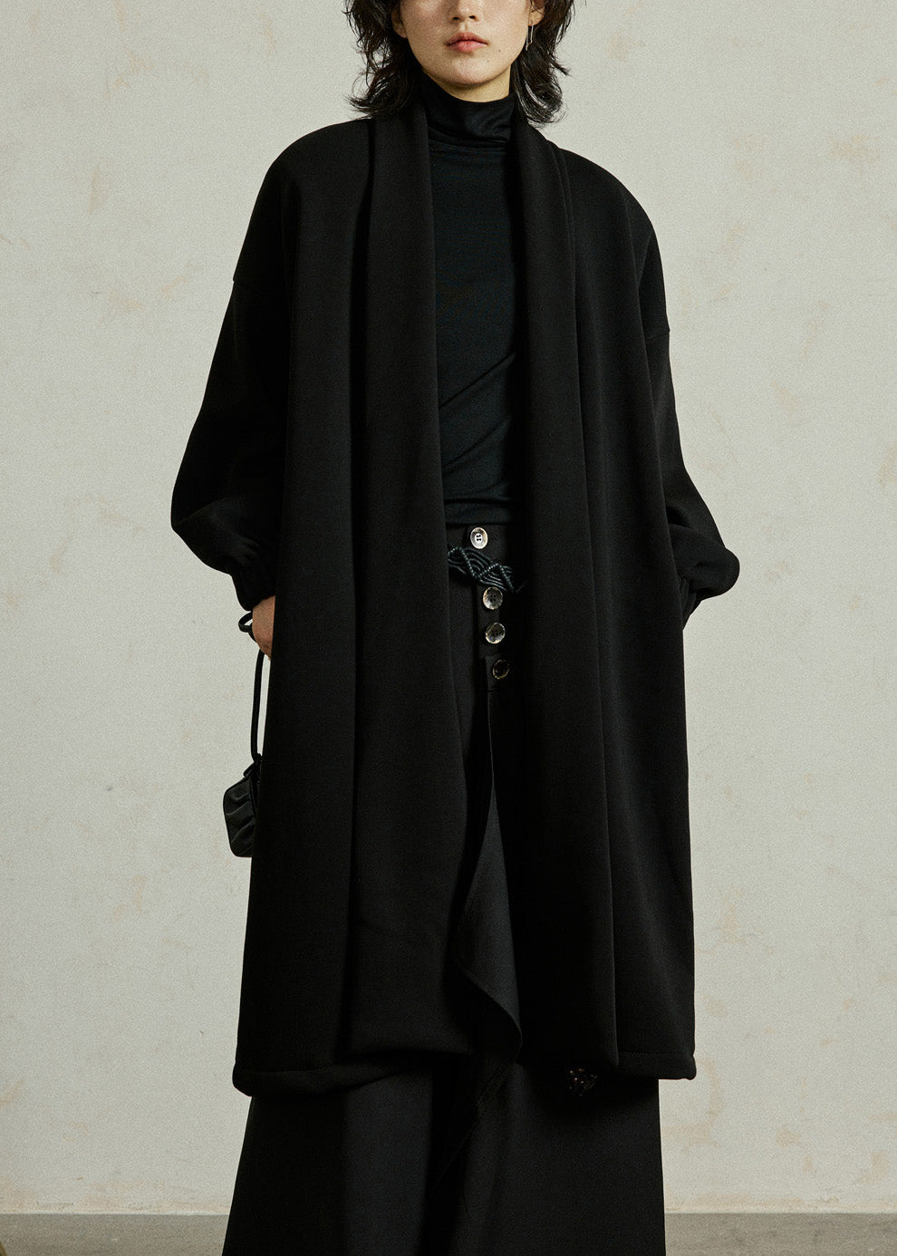 Organic Black Turtleneck Pockets Thick Long Coat Fall