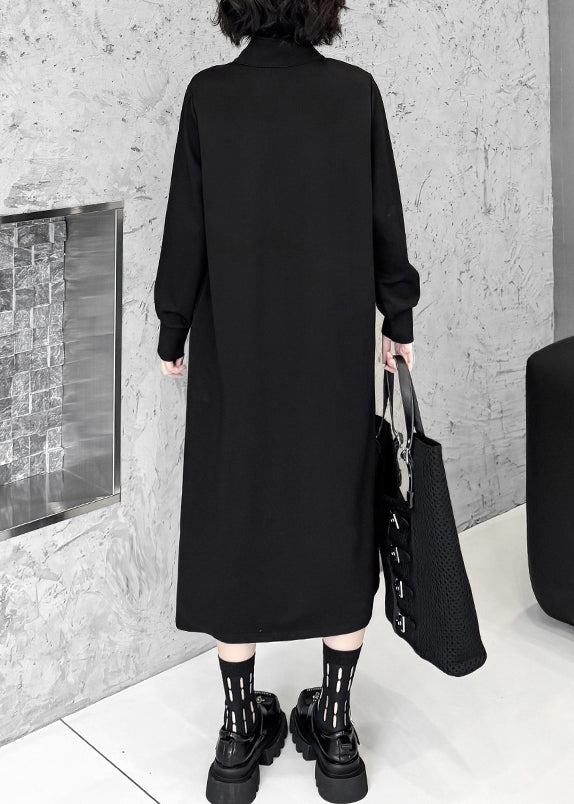 Organic Black Turtleneck Zippered Patchwork Long Dresses Fall
