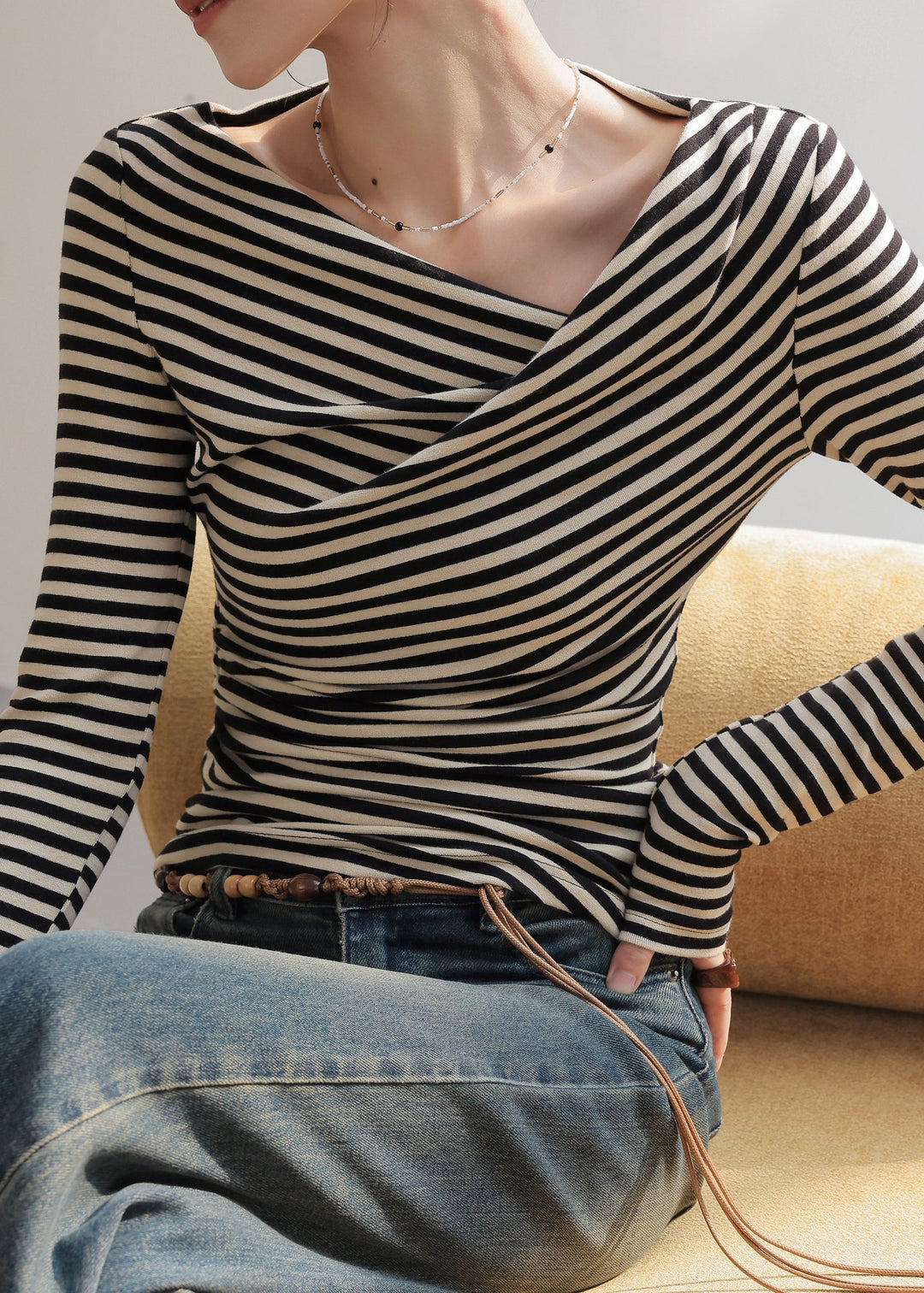 Organic Black White Striped One Shoulder Asymmetrical Tops Spring