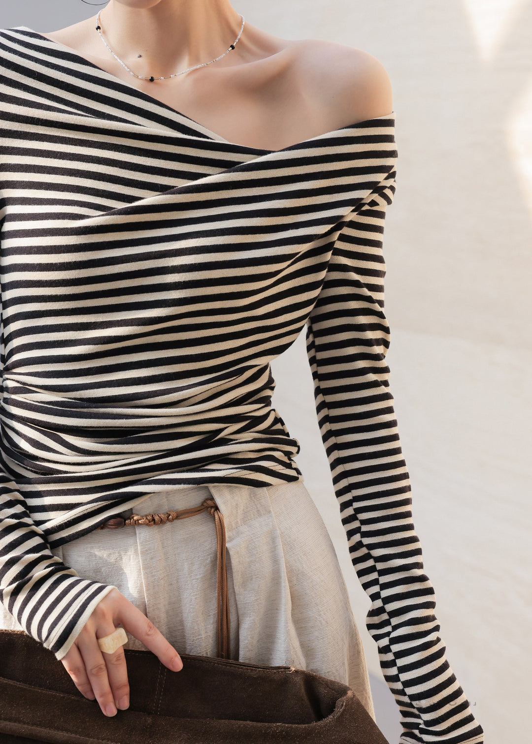 Organic Black White Striped One Shoulder Asymmetrical Tops Spring