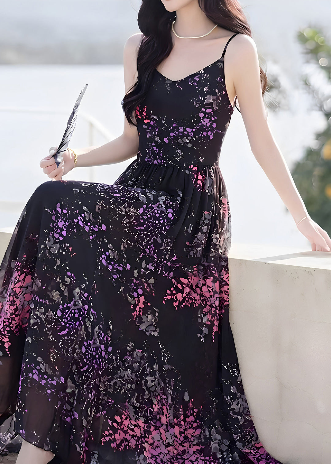 Organic Black Wrinkled Chiffon Long Spaghetti Strap Dress Sleeveless