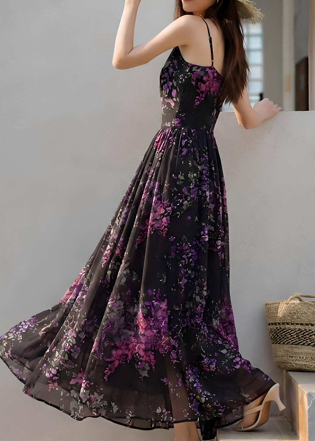 Organic Black Wrinkled Chiffon Long Spaghetti Strap Dress Sleeveless