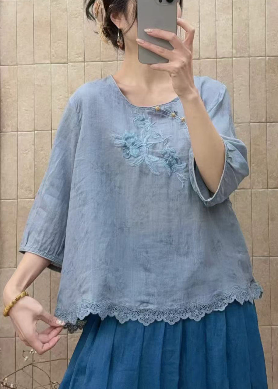 Organic Blue Embroidered Patchwork Lace Shirt Tops Half Sleeve
