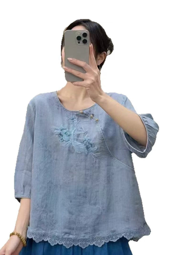 Organic Blue Embroidered Patchwork Lace Shirt Tops Half Sleeve
