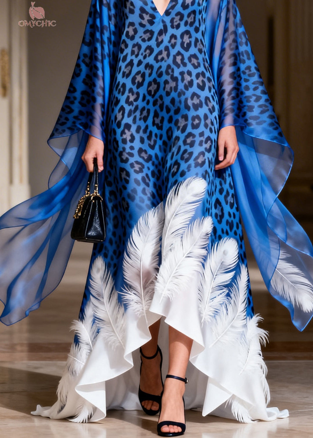 Organic Blue Leopard V Neck Feather Print Silk Dress Summer