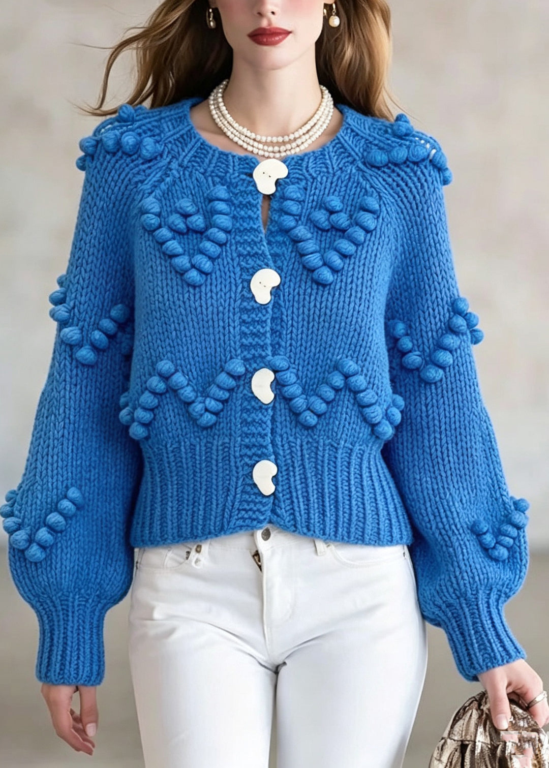Organic Blue O-Neck Button Solid Cotton Knit Cardigan Fall