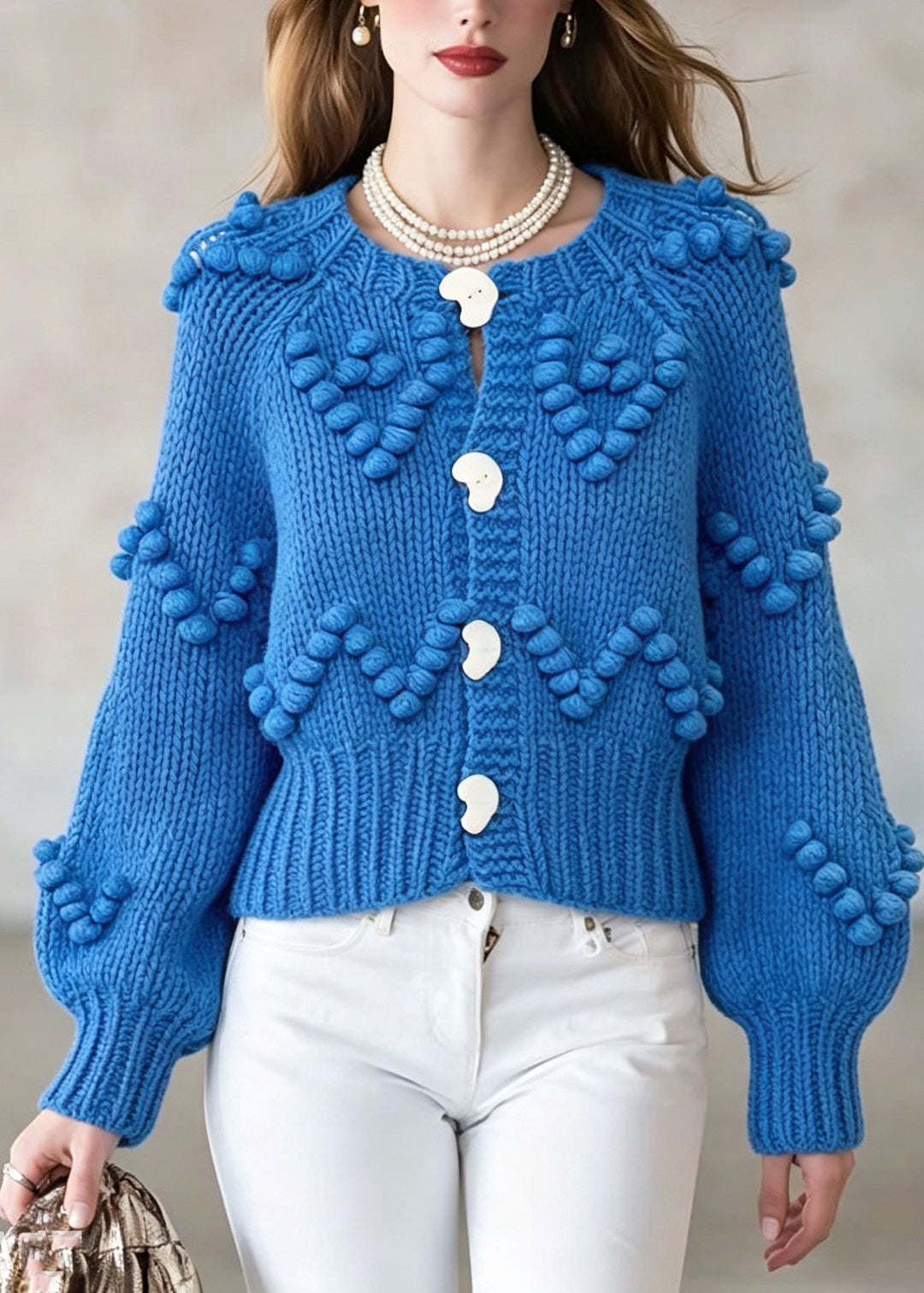 Organic Blue O-Neck Button Solid Cotton Knit Cardigan Fall