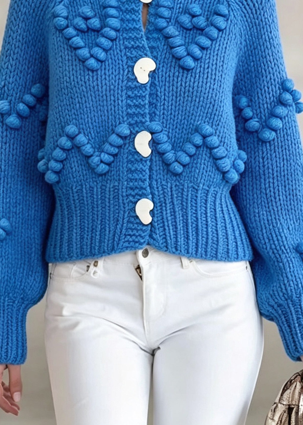 Organic Blue O-Neck Button Solid Cotton Knit Cardigan Fall