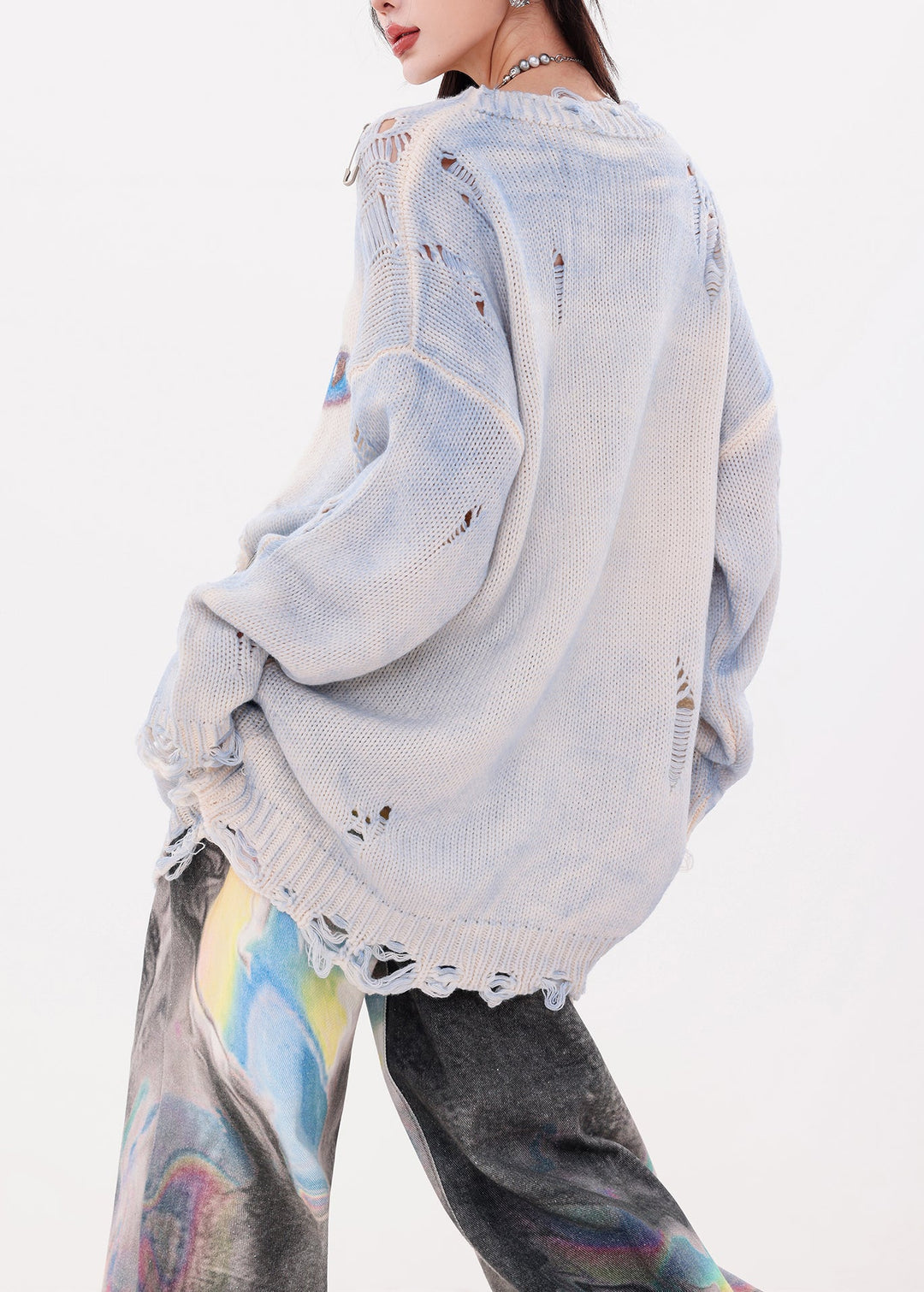 Organic Blue Oversized Cat Print Knit Ripped Sweater Winter